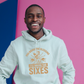A man wearing a white hoodie with You Bring the Sledging, I'll Bring the Sixes on the front. A Funny Cricket Hoodie, Premium Fabric, Multiple Adult Sizes