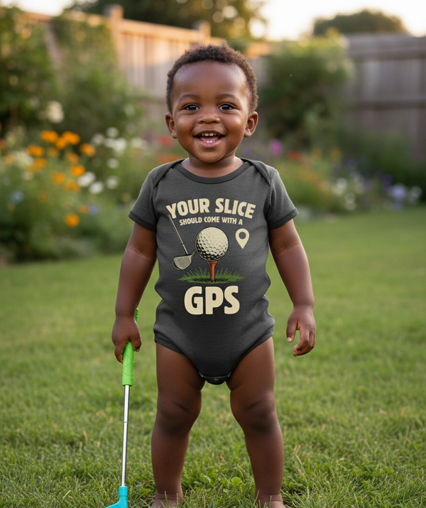 Child wearing a onesie with a golf-themed design, standing outdoors in a garden.  The baby is wearing a Cows Corner baby grow with the funny golf slogan 'Your Slice Should Come With a GPS'. Cows Corner gifts are perfect for sport-mad fans, these gifts work brilliantly for birthdays, new baby celebrations, Father’s Day, Mother’s Day, Christmas, anniversaries, thank you gifts, end-of-season team awards, graduations, retirements, and just-because moments when you want to raise a smile. 
