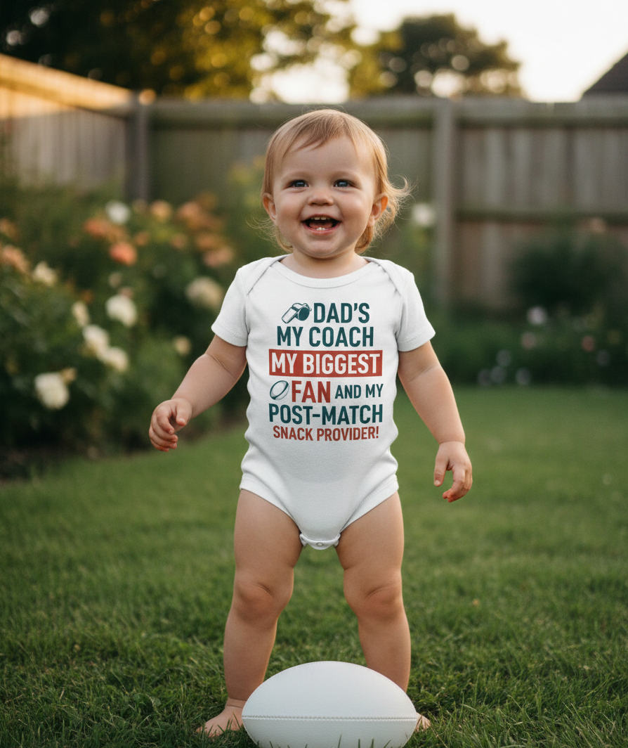 Baby wearing a onesie with text about a father, standing on grass with a football. The baby is wearing a Cows Corner baby grow with a funny rugby slogan 'Dad’s My Coach My Biggest Fan and My Post-Match Snack Provider!'. Cows Corner gifts are perfect for sport-mad fans, these gifts work brilliantly for birthdays, new baby celebrations, Father’s Day, Mother’s Day, Christmas, anniversaries, thank you gifts, end-of-season team awards, graduations, retirements, and just-because moments