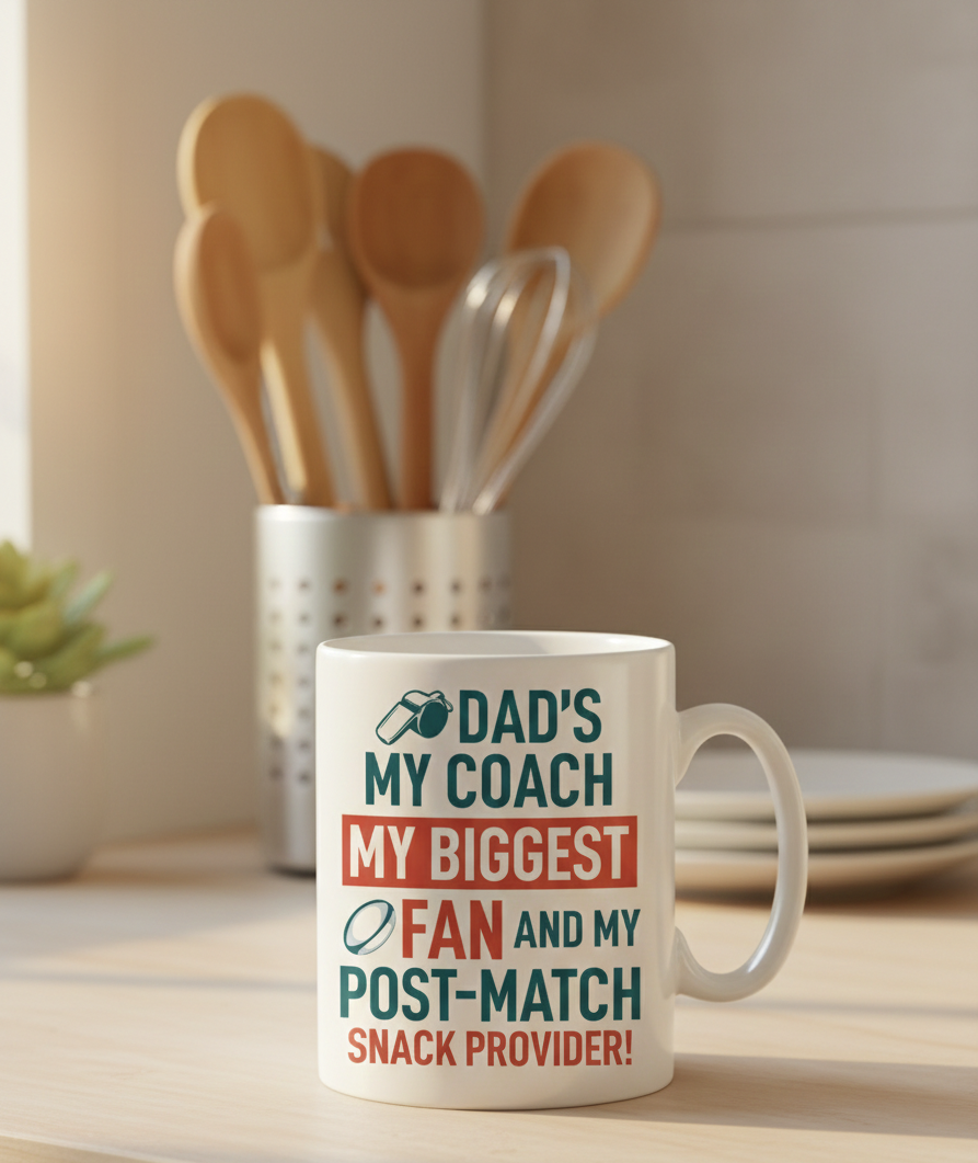Mug with text in a kitchen setting with utensils and plates. This is a Cows Corner mug with a funny rugby slogan 'Dad’s My Coach My Biggest Fan and My Post-Match Snack Provider!'. Cows Corner gifts are perfect for sport-mad fans, these gifts work brilliantly for birthdays, new baby celebrations, Father’s Day, Mother’s Day, Christmas, anniversaries, thank you gifts, end-of-season team awards, graduations, retirements, and just-because moments when you want to raise a smile. 
