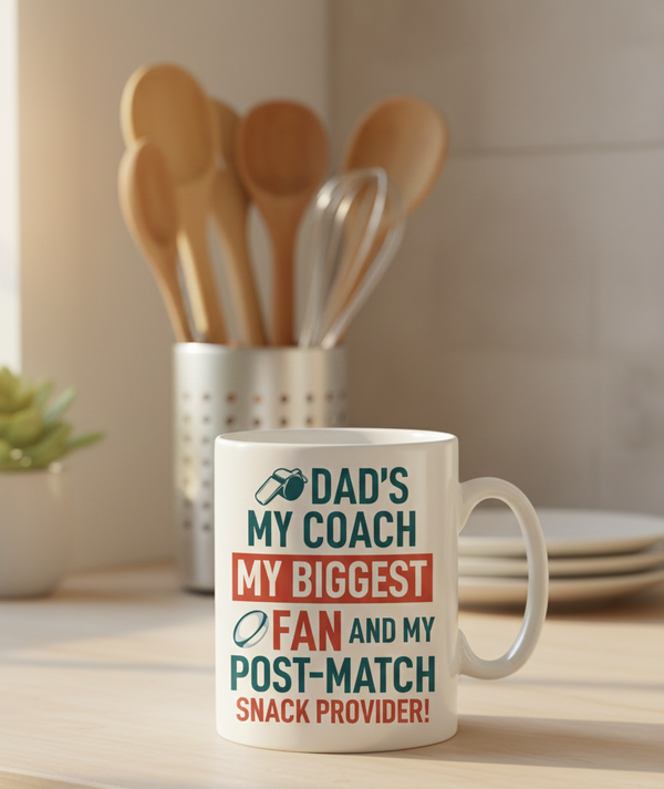 Mug with text in a kitchen setting with utensils and plates. This is a Cows Corner mug with a funny rugby slogan 'Dad’s My Coach My Biggest Fan and My Post-Match Snack Provider!'. Cows Corner gifts are perfect for sport-mad fans, these gifts work brilliantly for birthdays, new baby celebrations, Father’s Day, Mother’s Day, Christmas, anniversaries, thank you gifts, end-of-season team awards, graduations, retirements, and just-because moments when you want to raise a smile. 
