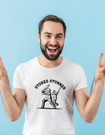 A man wearing a white t-shirt with Stokes Stunner Cricket on the front. A Funny Cricket T-Shirt, Premium Fabric, Multiple Adult Sizes