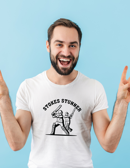 A man wearing a white t-shirt with Stokes Stunner Cricket on the front. A Funny Cricket T-Shirt, Premium Fabric, Multiple Adult Sizes