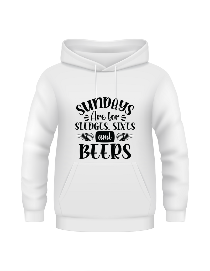 Sundays Are for Sledges Sixes and Beers.  Funny Cricket Hoodie, Premium Fabric, Multiple Adult Sizes