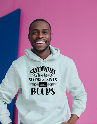 Sundays Are for Sledges Sixes and Beers.  Funny Cricket Hoodie, Premium Fabric, Multiple Adult Sizes
