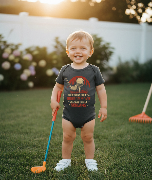 Child in a garden wearing a graphic onesie holding a golf club.  The baby is wearing a Cows Corner baby grow with the funny golf slogan 'Your Swing Is Like a Horror Movie, Ugly and Full of Screams'. Cows Corner gifts are perfect for sport-mad fans, these gifts work brilliantly for birthdays, new baby celebrations, Father’s Day, Mother’s Day, Christmas, anniversaries, thank you gifts, end-of-season team awards, graduations, retirements, and just-because moments when you want to raise a smile. 

