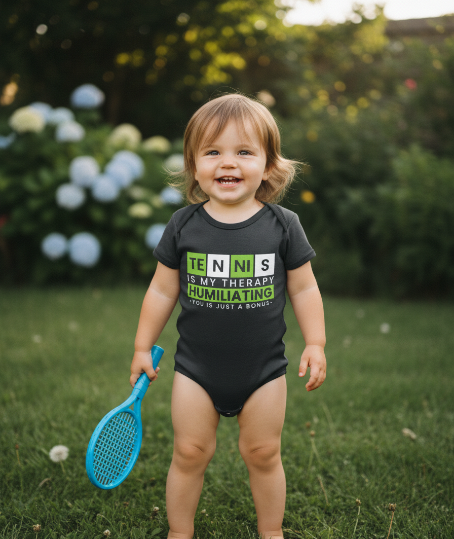 Child wearing a humorous tennis-themed onesie outdoors.  The baby is wearing a Cows Corner baby grow with a funny tennis slogan 'Tennis Is My Therapy, Humiliating You Is Just A Bonus'. Cows Corner gifts are perfect for sport-mad fans, these gifts work brilliantly for birthdays, new baby celebrations, Father’s Day, Mother’s Day, Christmas, anniversaries, thank you gifts, end-of-season team awards, graduations, retirements, and just-because moments when you want to raise a smile. 
