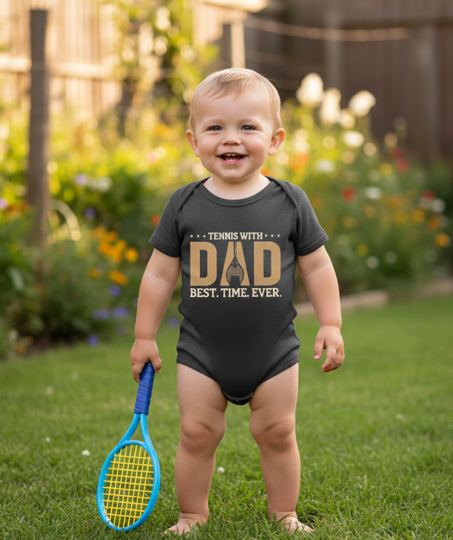 Child wearing a Cows Corner baby grow with 'Tennis with Dad, Best Time Ever' text, holding a tennis racket in a garden.Cows Corner gifts are perfect for sport-mad fans, these gifts work brilliantly for birthdays, new baby celebrations, Father’s Day, Mother’s Day, Christmas, anniversaries, thank you gifts, end-of-season team awards, graduations, retirements, and just-because moments when you want to raise a smile. 
