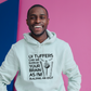 A man wearing a white hoodie with Oi Tuffers, can we borrow your brains as I'm building an idiot, on the front.  Funny Cricket Hoodie, Premium Fabric, Multiple Adult Sizes