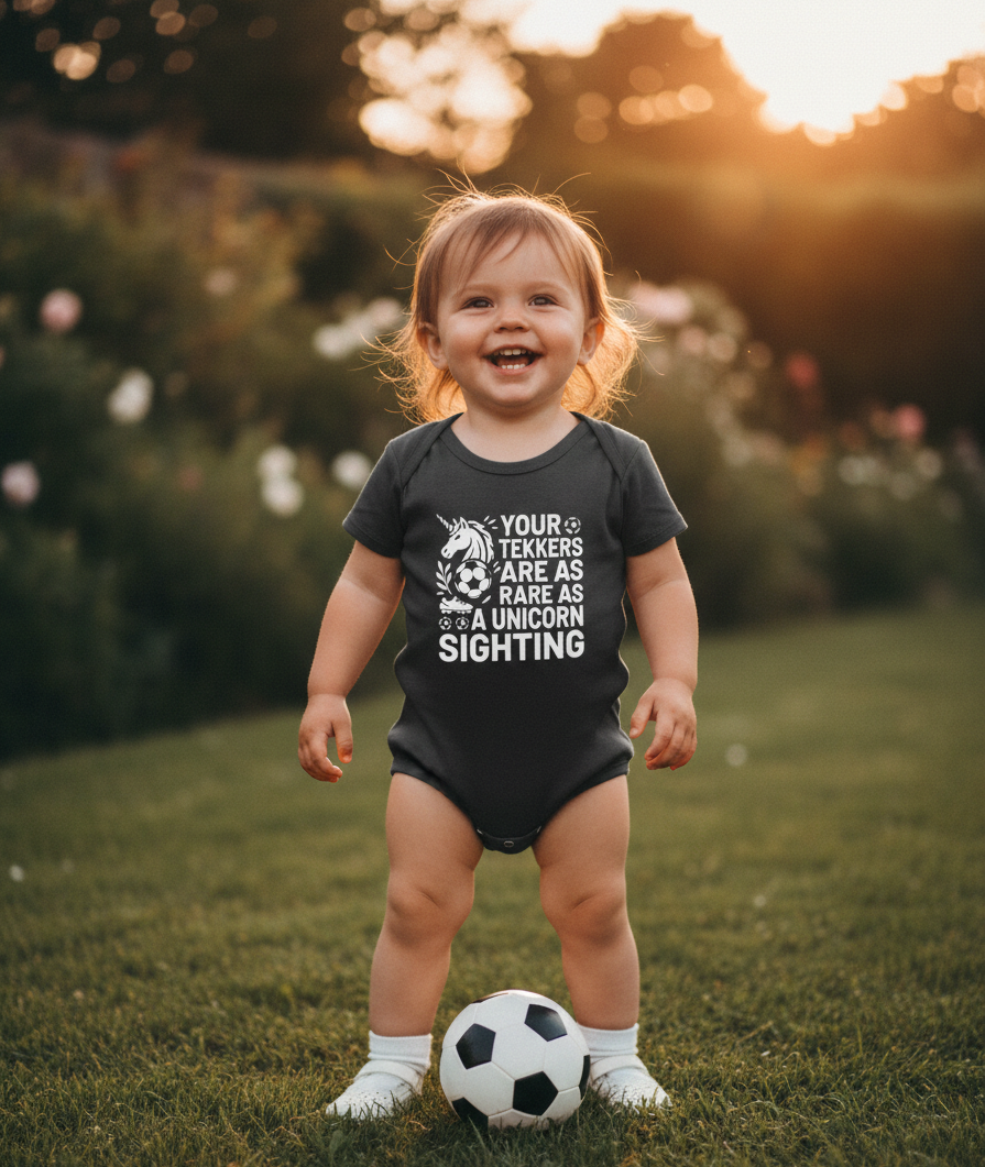 Child wearing a onesie with text standing on grass with a soccer ball. The baby is wearing a Cows Corner baby grow with a funny football slogan 'Your Tekkers Are As Rare as a Unicorn Sighting'. Cows Corner gifts are perfect for sport-mad fans, these gifts work brilliantly for birthdays, new baby celebrations, Father’s Day, Mother’s Day, Christmas, anniversaries, thank you gifts, end-of-season team awards, graduations, retirements, and just-because moments when you want to raise a smile. 
