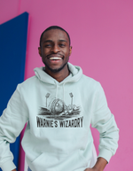 A man wearing a white hoodie with Warne’s Wizardry on the front!  Funny Cricket Hoodie, Premium Fabric, Multiple Adult Sizes