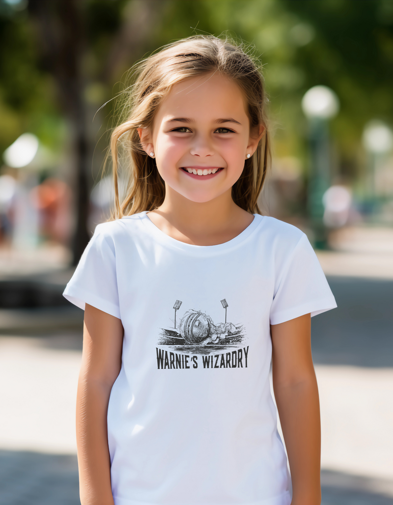A little girl wearing a white t-shirt with Warnie’s Wizardry on the front. A Funny Cricket T-Shirt, Premium Fabric, Multiple Adult and Junior Sizes