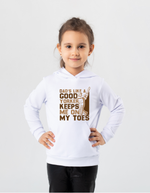 A little girl wearing a white hoodie with Dad’s Like a Good Yorker, Keeps Me on My Toes, on the front!  Funny Cricket Hoodie, Premium Fabric, Multiple Adult Sizes