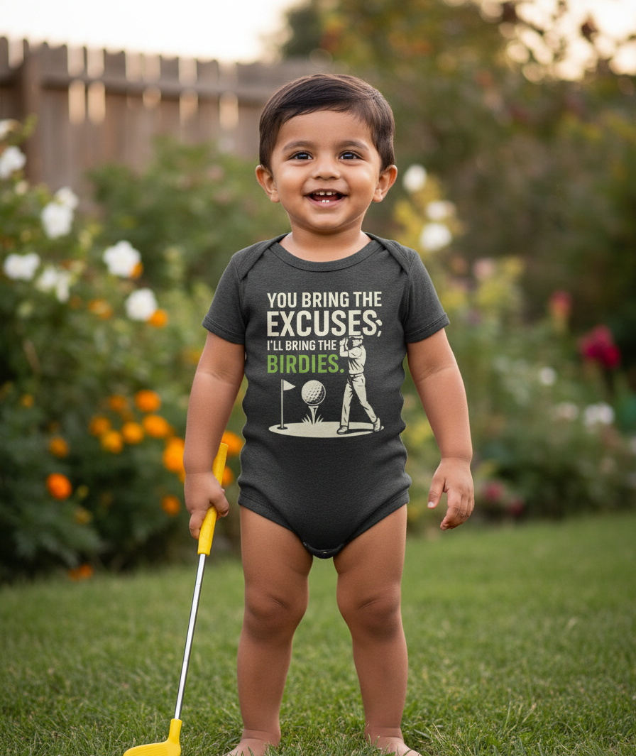 Child wearing a humorous golf-themed onesie outdoors. The baby is wearing a Cows Corner baby grow with the funny golf slogan 'You Bring the Excuses, I’ll Bring the Birdies'. Cows Corner gifts are perfect for sport-mad fans, these gifts work brilliantly for birthdays, new baby celebrations, Father’s Day, Mother’s Day, Christmas, anniversaries, thank you gifts, end-of-season team awards, graduations, retirements, and just-because moments when you want to raise a smile. 
