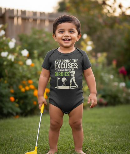 Child wearing a humorous golf-themed onesie outdoors. The baby is wearing a Cows Corner baby grow with the funny golf slogan 'You Bring the Excuses, I’ll Bring the Birdies'. Cows Corner gifts are perfect for sport-mad fans, these gifts work brilliantly for birthdays, new baby celebrations, Father’s Day, Mother’s Day, Christmas, anniversaries, thank you gifts, end-of-season team awards, graduations, retirements, and just-because moments when you want to raise a smile. 
