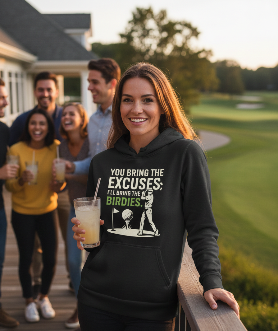 Woman wearing a black hoodie with a golf-themed design, standing on a deck with a group of people in the background. The lady is wearing a Cows Corner hoodie with a funny golf slogan 'You Bring the Excuses, I’ll Bring the Birdies'. Cows Corner gifts are perfect for sport-mad fans, these gifts work brilliantly for birthdays, new baby celebrations, Father’s Day, Mother’s Day, Christmas, anniversaries, thank you gifts, end-of-season team awards, graduations, retirements, and just-because moments when you want 