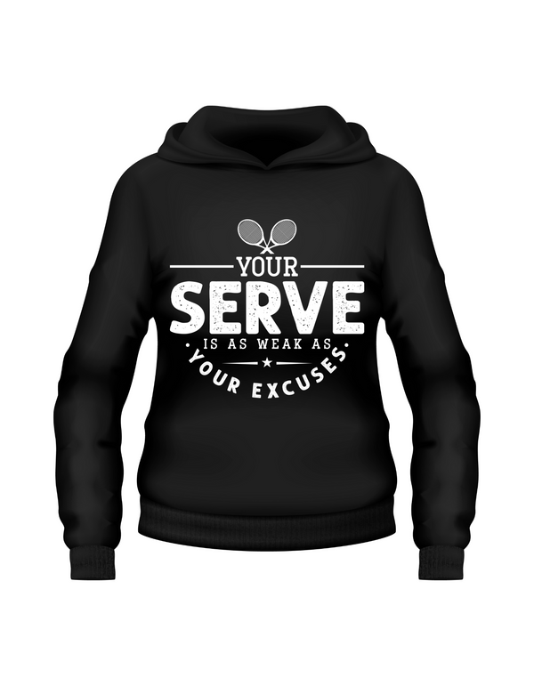A black hoodie with the funny tennis slogan on the front that reads 'I've Seen Better Backhands In A Bar Fight'