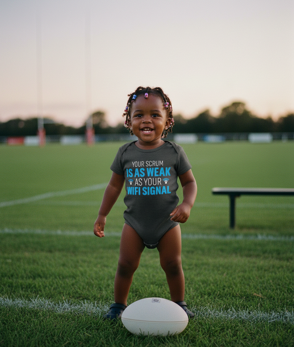 Child wearing a humorous t-shirt on a sports field. The baby is wearing a Cows Corner baby grow with a funny rugby slogan 'Your Scrum Is As Weak as Your WiFi Signal'. Cows Corner gifts are perfect for sport-mad fans, these gifts work brilliantly for birthdays, new baby celebrations, Father’s Day, Mother’s Day, Christmas, anniversaries, thank you gifts, end-of-season team awards, graduations, retirements, and just-because moments when you want to raise a smile. 
