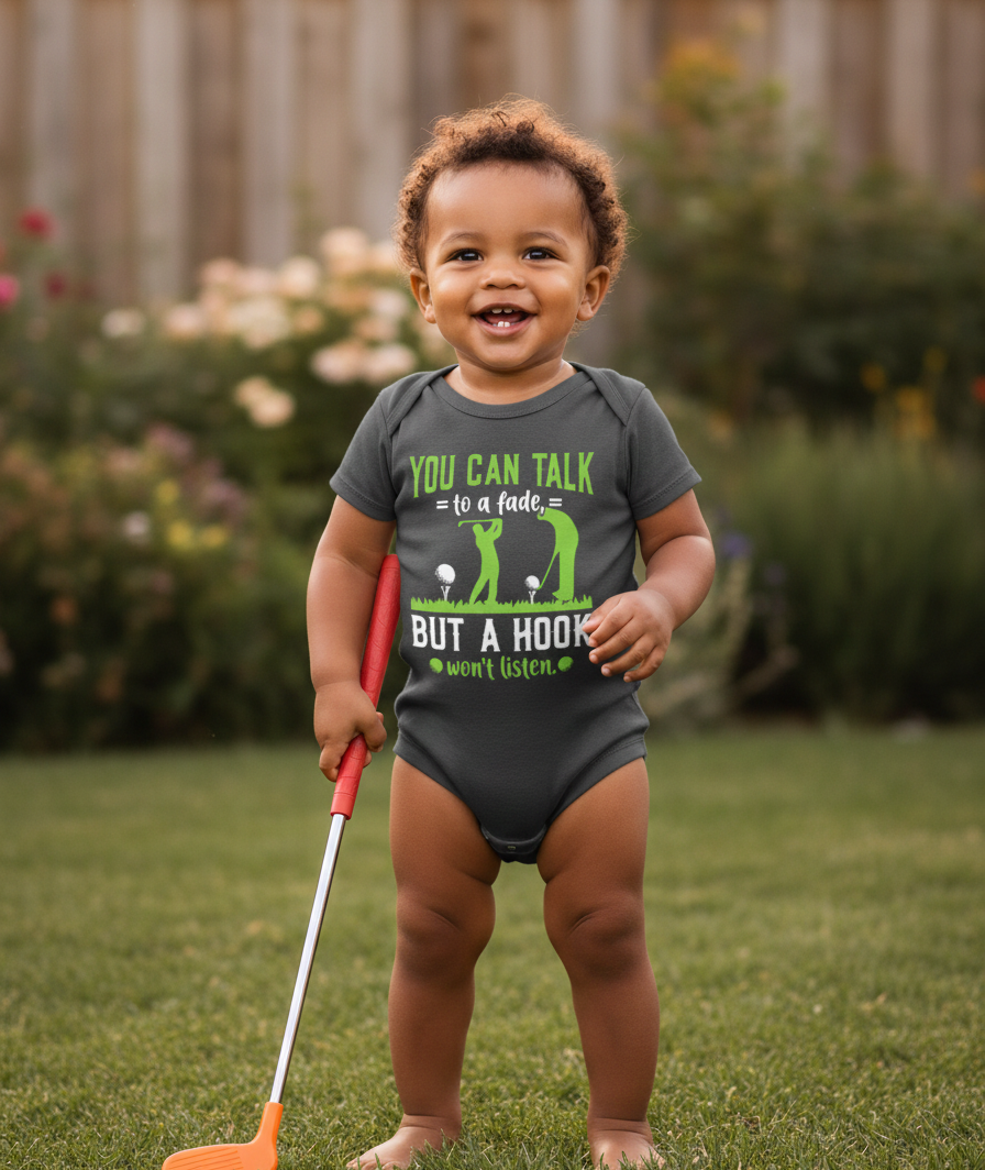 Child wearing a humorous onesie with text outdoors. The baby is wearing a Cows Corner baby grow with a funny golf slogan 'You Can Talk to a Fade but a Hook Won’t Listen'. Cows Corner gifts are perfect for sport-mad fans, these gifts work brilliantly for birthdays, new baby celebrations, Father’s Day, Mother’s Day, Christmas, anniversaries, thank you gifts, end-of-season team awards, graduations, retirements, and just-because moments when you want to raise a smile. 
