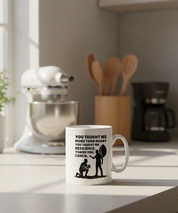 White mug with text and silhouette design on a kitchen counter. This is a Cows Corner mug with a funny rugby slogan 'You Taught Me More Than Rugby, You Taught Me Resilience. Thank You, Coach'. Cows Corner gifts are perfect for sport-mad fans, these gifts work brilliantly for birthdays, new baby celebrations, Father’s Day, Mother’s Day, Christmas, anniversaries, thank you gifts, end-of-season team awards, graduations, retirements, and just-because moments when you want to raise a smile. 
