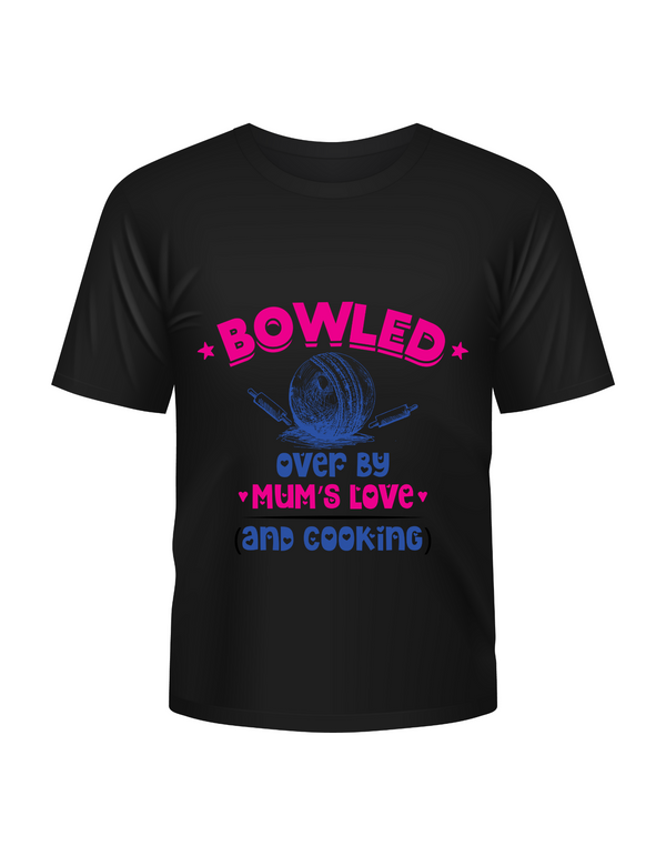 Bowled Over by My Mum’s Love & Cooking – Funny Kids Cricket T-Shirt, Multiple Junior Sizes, Perfect for Boys and Girls