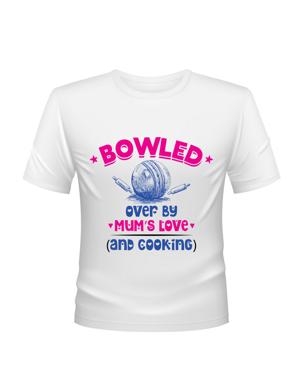 Bowled Over by My Mum’s Love & Cooking – Funny Kids Cricket T-Shirt, Multiple Junior Sizes, Perfect for Boys and Girls