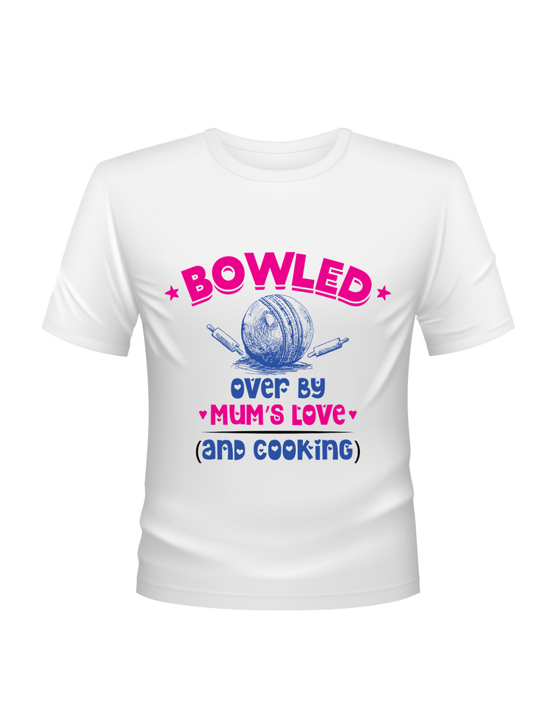 Bowled Over by My Mum’s Love & Cooking – Funny Kids Cricket T-Shirt, Multiple Junior Sizes, Perfect for Boys and Girls