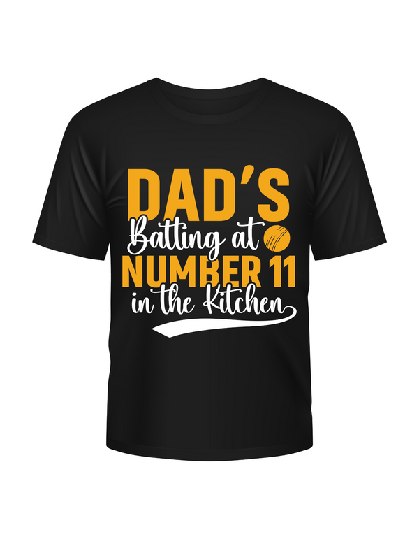 Dads Batting At Number 11 In The Kitchen T-Shirt. Funny Cricket T-shirt, Premium Fabric, Multiple Junior Sizes, Perfect for Boys and Girls