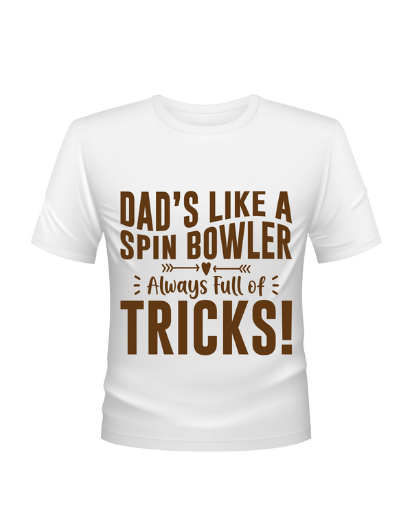 Funny Cricket T-Shirt – "Dad’s Like a Spin Bowler, Always Full of Tricks!", Premium Fabric, Multiple Junior Sizes, Perfect for Boys and Girls