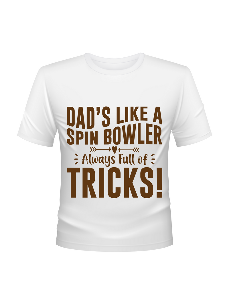 Funny Cricket T-Shirt – "Dad’s Like a Spin Bowler, Always Full of Tricks!", Premium Fabric, Multiple Junior Sizes, Perfect for Boys and Girls