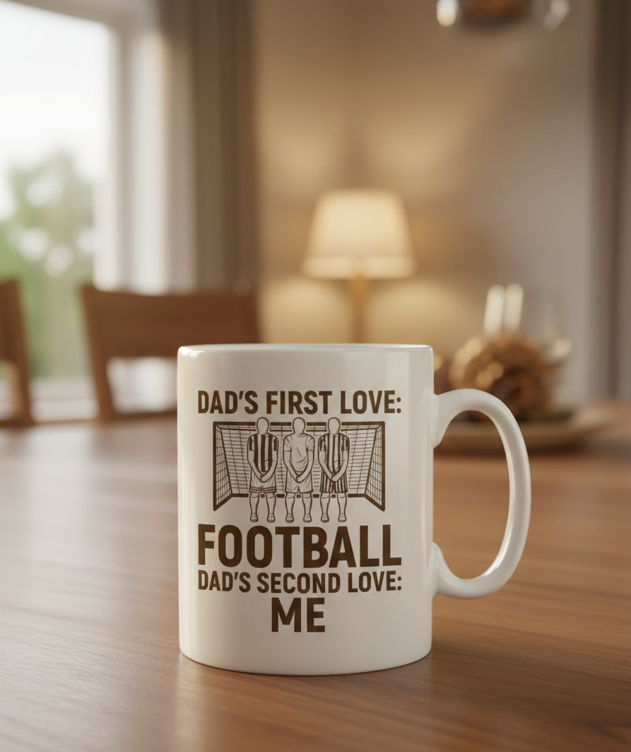 White mug with text on a wooden table in a home setting. This is a Cows Corner mug with a funny football slogan 'Dad’s First Love: Football. Dad’s Second Love: Me'. Cows Corner gifts are perfect for sport-mad fans, these gifts work brilliantly for birthdays, new baby celebrations, Father’s Day, Mother’s Day, Christmas, anniversaries, thank you gifts, end-of-season team awards, graduations, retirements, and just-because moments when you want to raise a smile. 
