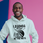 A man wearing a white hoodie with Legends Are Made in The Nets on the front. A Funny Cricket Hoodie, Premium Fabric, Multiple Adult Sizes