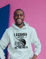 A man wearing a white hoodie with Legends Are Made in The Nets on the front. A Funny Cricket Hoodie, Premium Fabric, Multiple Adult Sizes