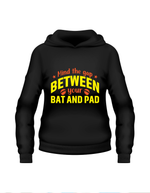 Mind the Gap Between Your Bat and Pad.  Funny Black Cricket Hoodie, Premium Fabric, Multiple Adult Sizes