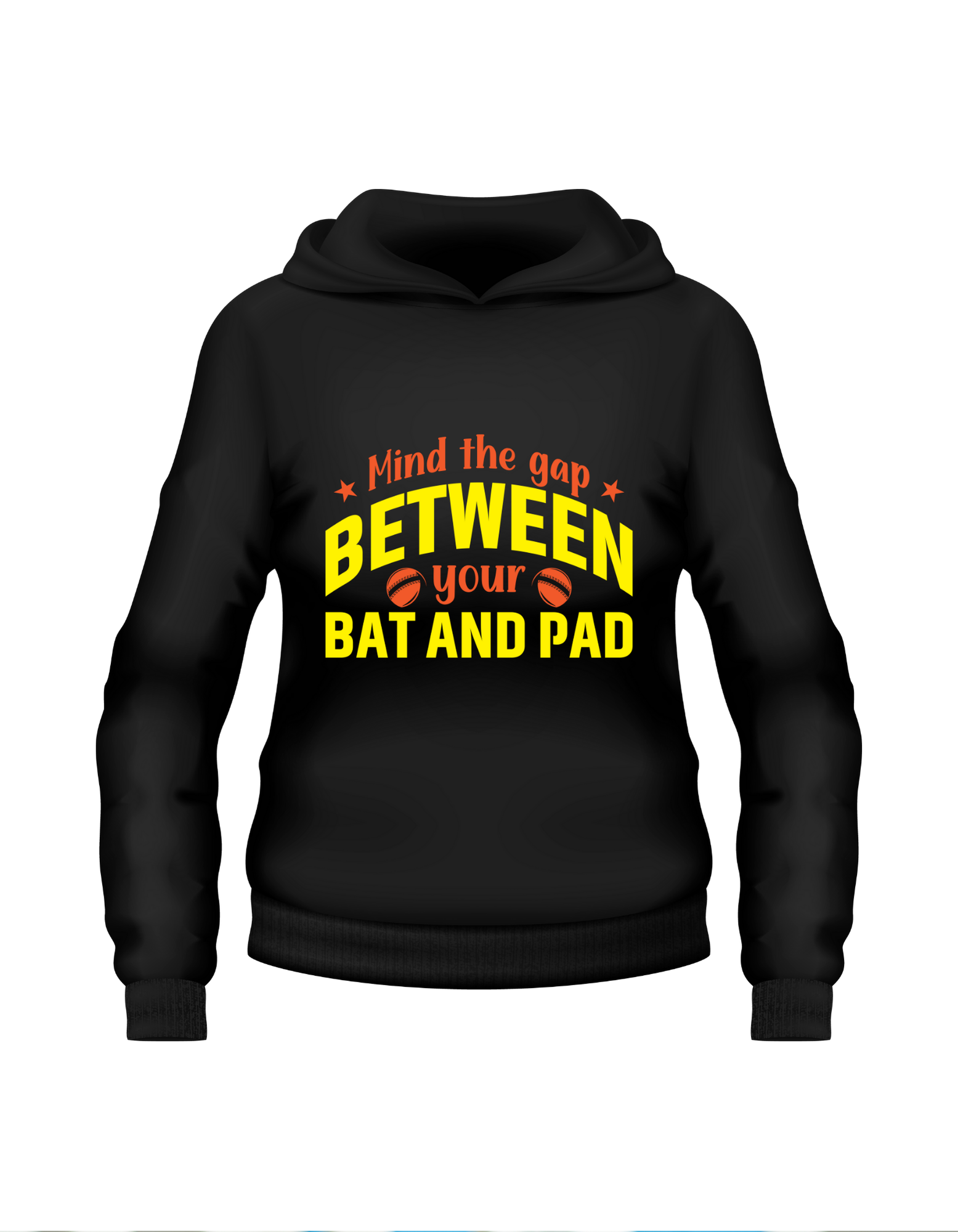 Mind the Gap Between Your Bat and Pad.  Funny Black Cricket Hoodie, Premium Fabric, Multiple Adult Sizes