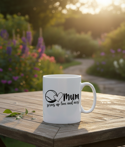 A white Cows Corner mug with 'Mum serves love and accepts' text on a wooden table with a garden background. Cows Corner gifts are perfect for sport-mad fans, these gifts work brilliantly for birthdays, new baby celebrations, Father’s Day, Mother’s Day, Christmas, anniversaries, thank you gifts, end-of-season team awards, graduations, retirements, and just-because moments when you want to raise a smile. 
