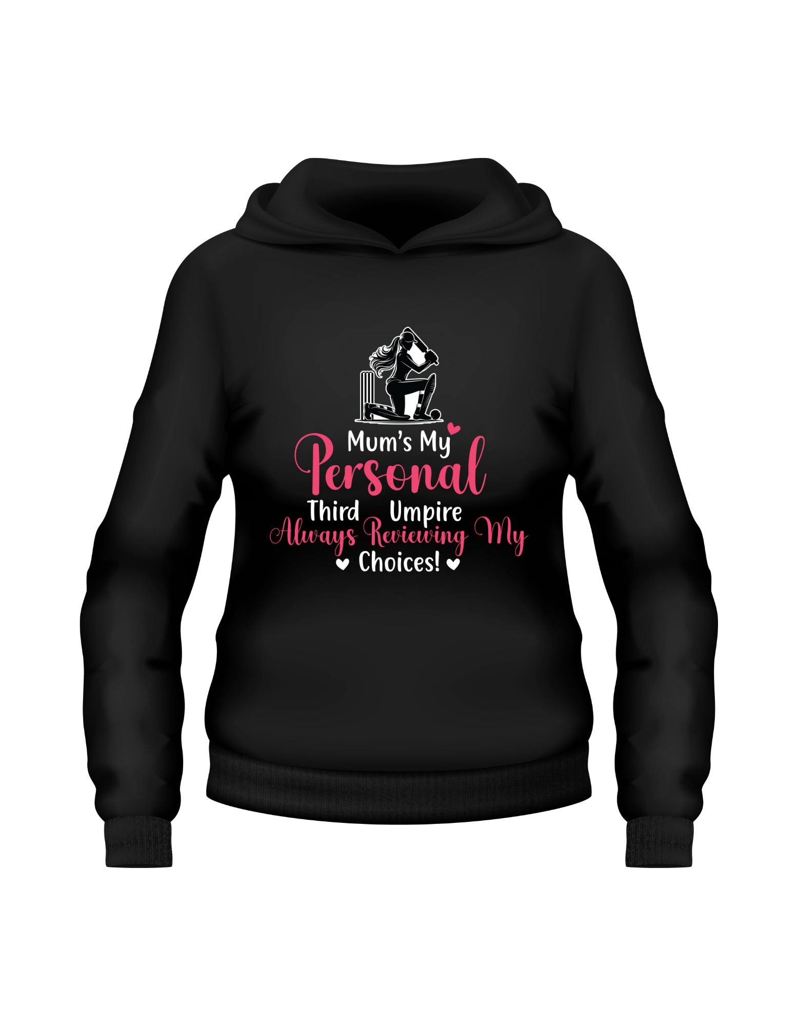 Mum’s My Personal Third Umpire, Always Reviewing My Choices. Funny Cricket Hoodie, Premium Fabric, Multiple Junior Sizes, Perfect for Boys and Girls