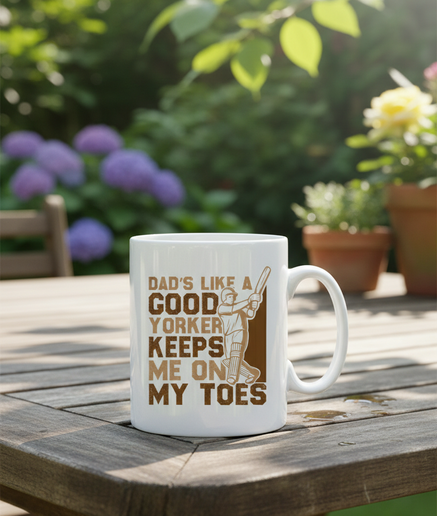 White mug with text and graphic on a wooden table outdoors. This is a Cows Corner slogan with a funny cricket slogan 'Dads Like A Good Yorker, Keeps Me On My Toes'. Cows Corner gifts are perfect for sport-mad fans, these gifts work brilliantly for birthdays, new baby celebrations, Father’s Day, Mother’s Day, Christmas, anniversaries, thank you gifts, end-of-season team awards, graduations, retirements, and just-because moments when you want to raise a smile. 
