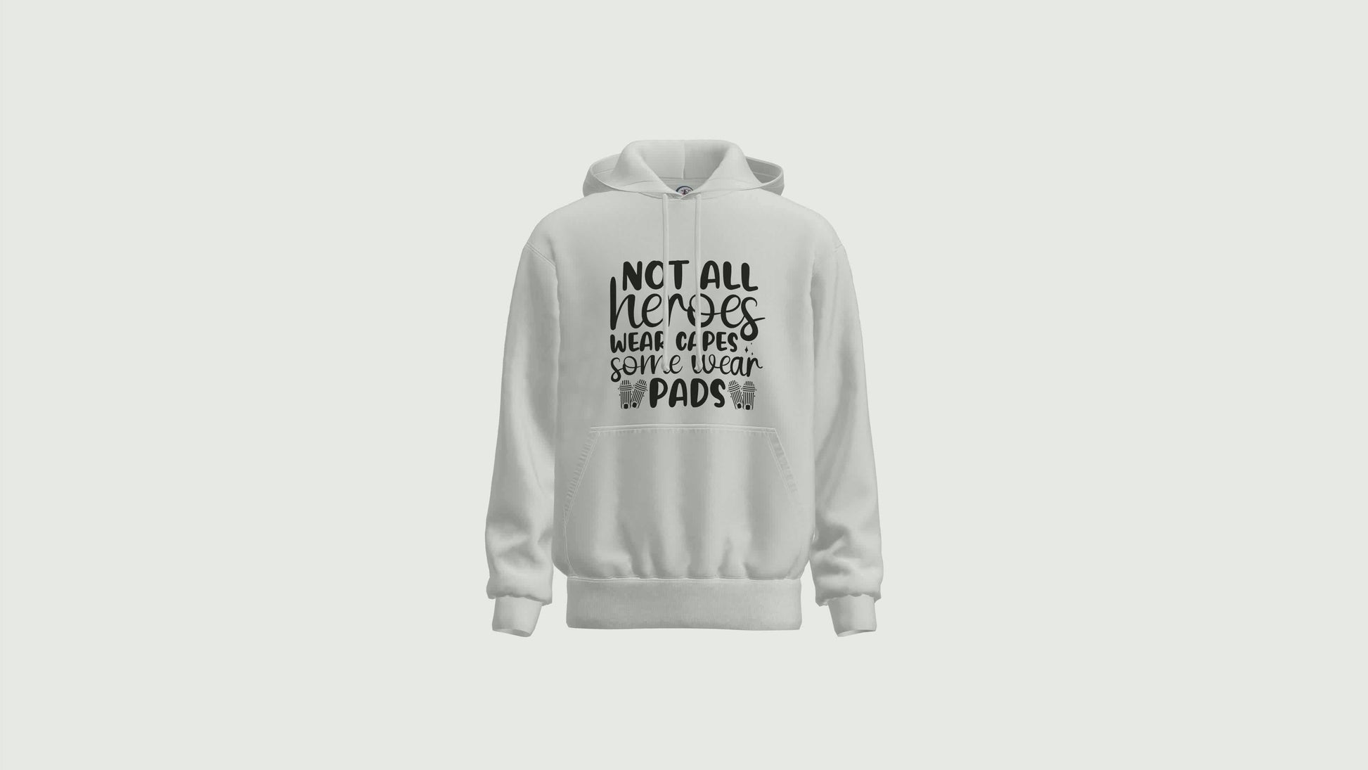 A short video showing a rotating white hoodie with the funny cricket saying on the front that reads 'Not All Heroes Wear Capes, Some Wear Pads'