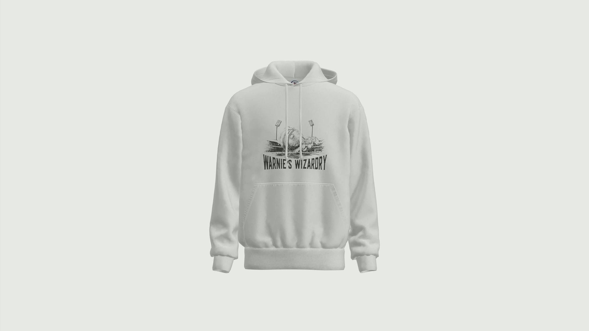 A short video showing a rotating white hoodie with the funny cricket saying on the front that reads 'Warnie’s Wizardry'