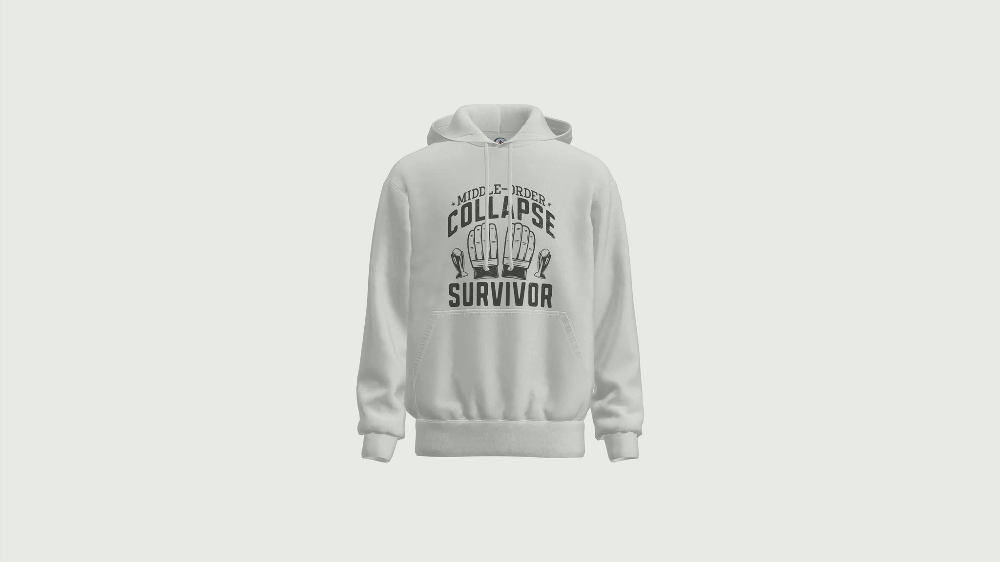 A short video showing a rotating white hoodie with the funny cricket saying on the front that reads 'Middle-Order Collapse Survivor'