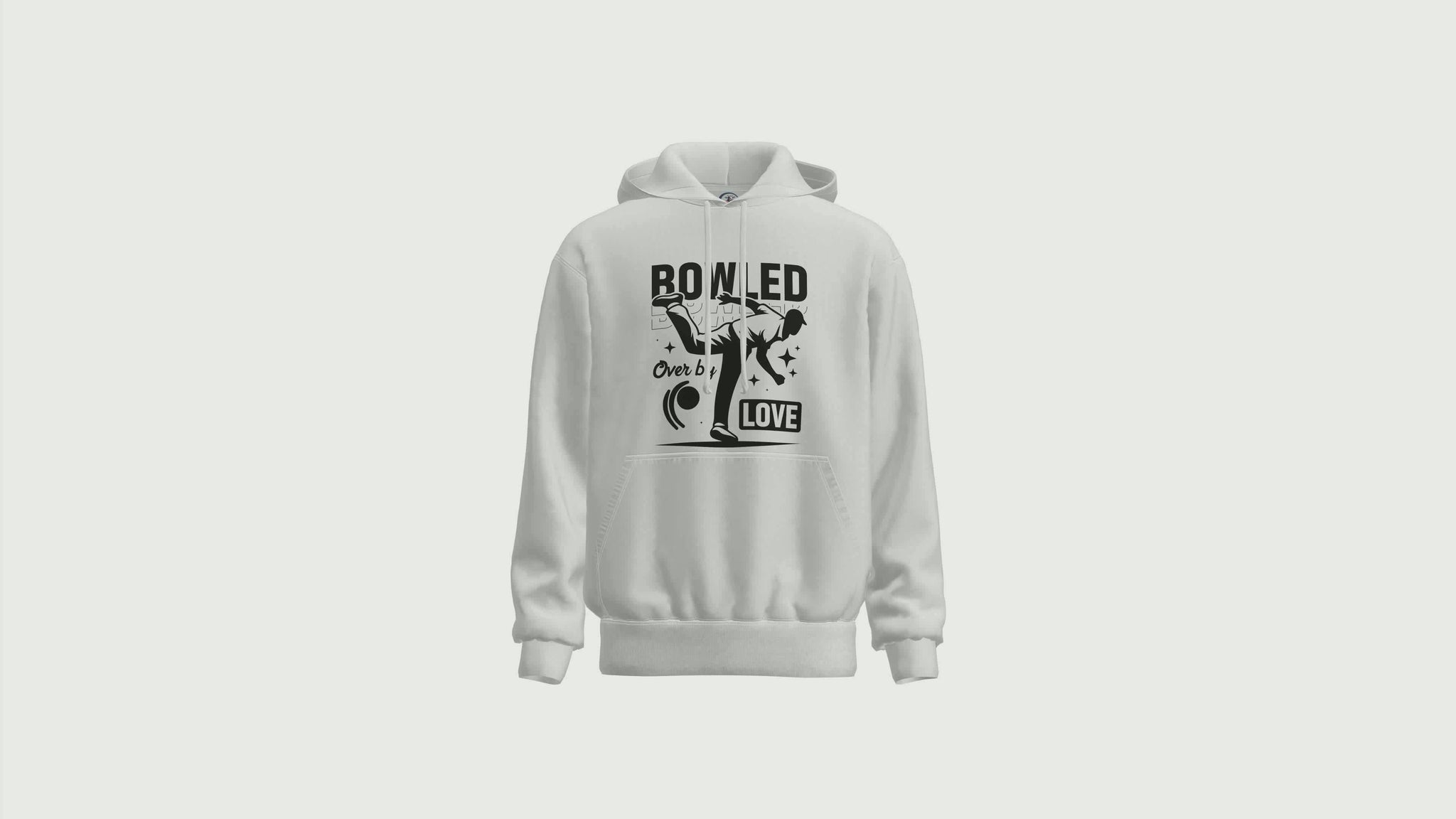 A short video showing a rotating white hoodie with the funny cricket saying on the front that reads 'Bowled Over by Love'