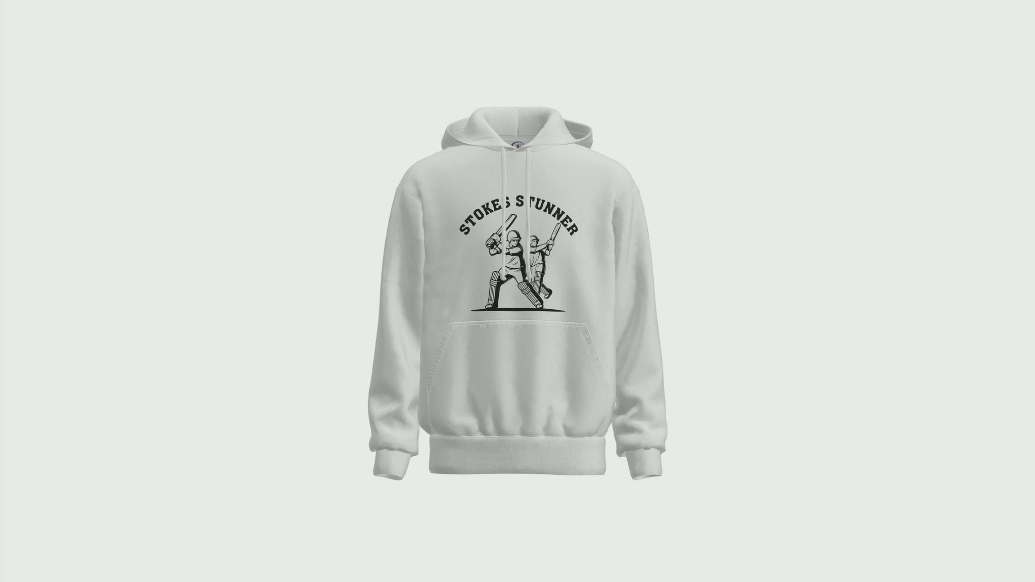 A short video showing a rotating white hoodie with the funny cricket saying on the front that reads 'Stokes Stunner Cricket T-Shirt'