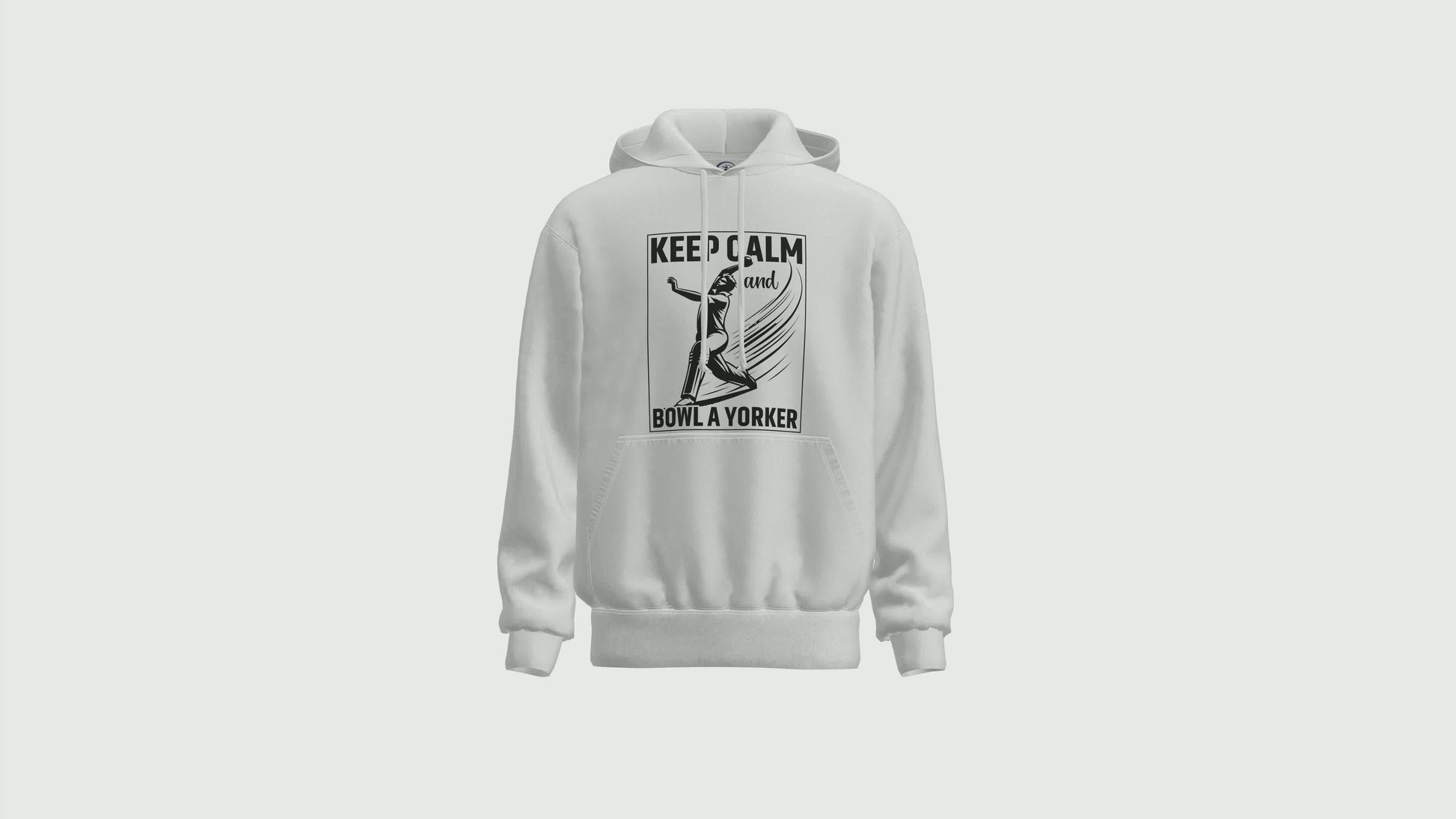 A short video showing a rotating white hoodie with the funny cricket saying on the front that reads 'Keep calm and bowl a yorker'