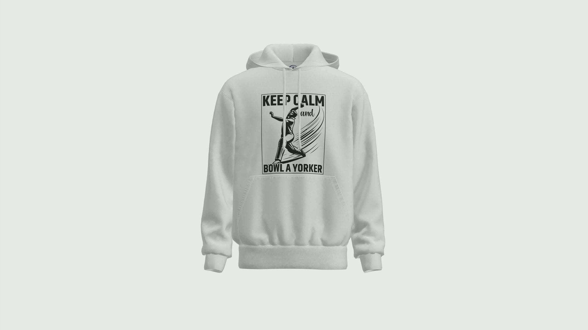 A short video showing a rotating white hoodie with the funny cricket saying on the front that reads 'Keep calm and bowl a yorker'