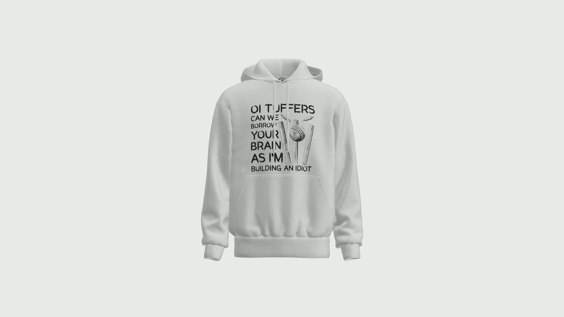 A short video showing a rotating white hoodie with the funny cricket saying on the front that reads 'Oi Tuffers, Can We Borrow Your Brain'