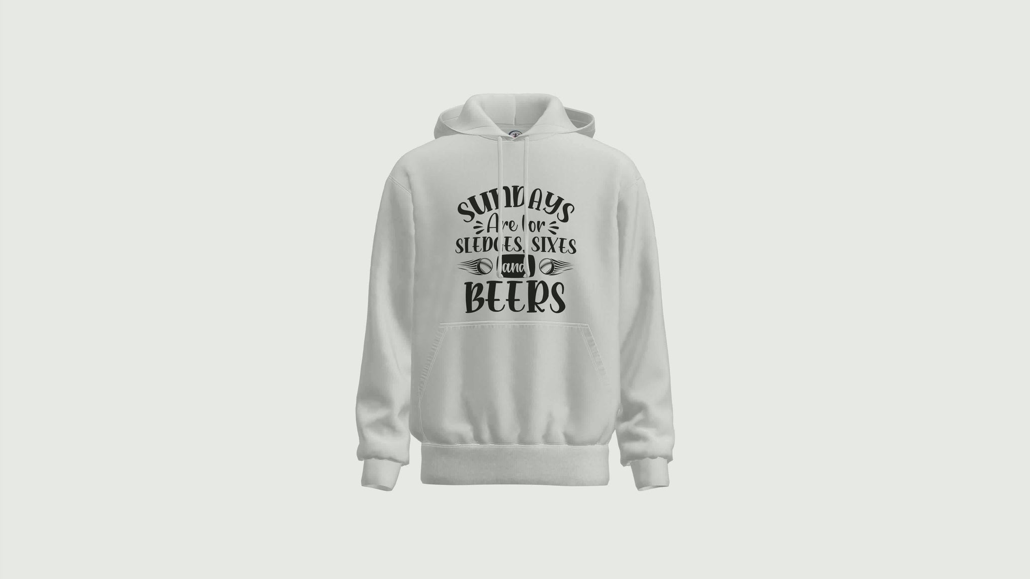 A short video showing a rotating white hoodie with the funny cricket saying on the front that reads 'Keep calm and bowl a yorker'