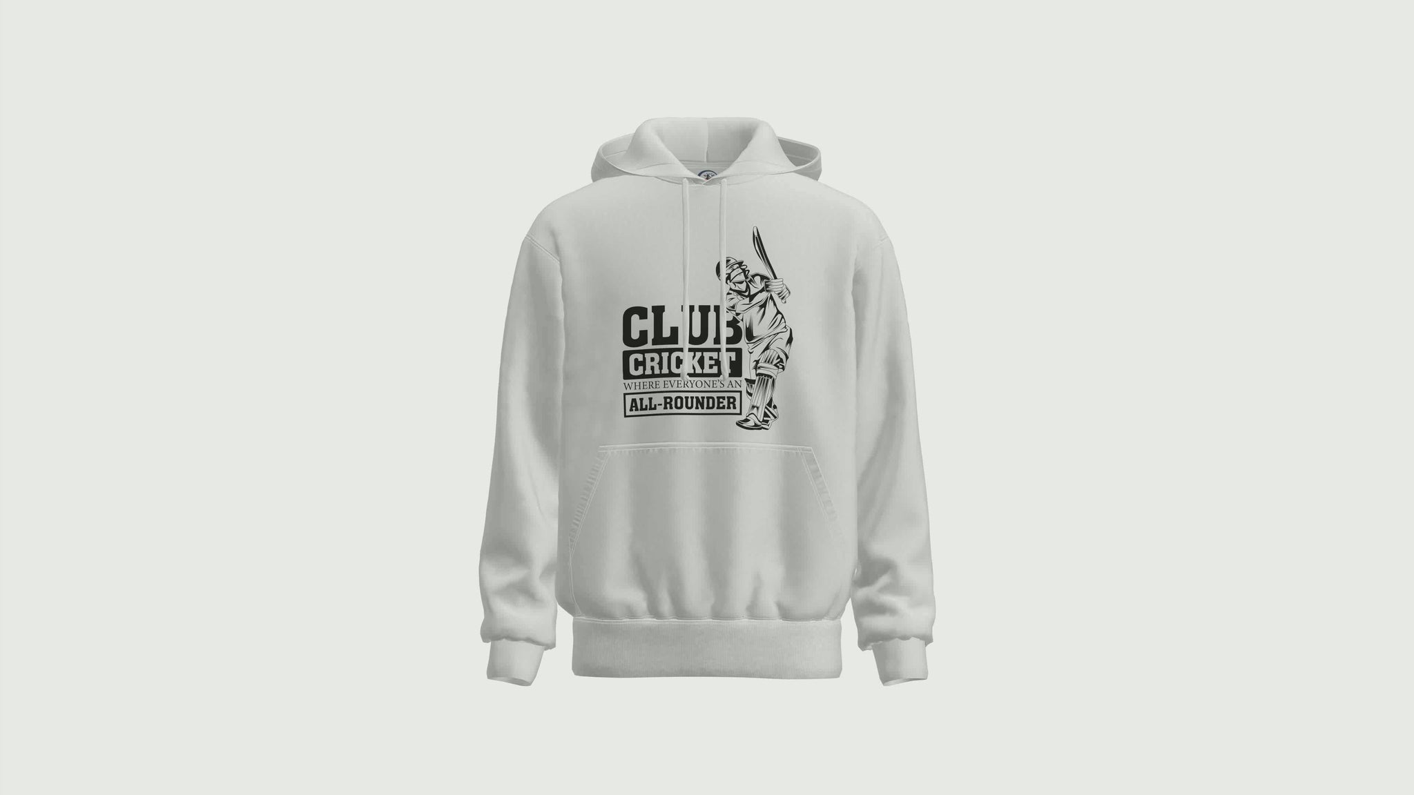 A short video showing a rotating white hoodie with the funny cricket saying on the front that reads 'club cricketers where everyone things they are an allrounder'