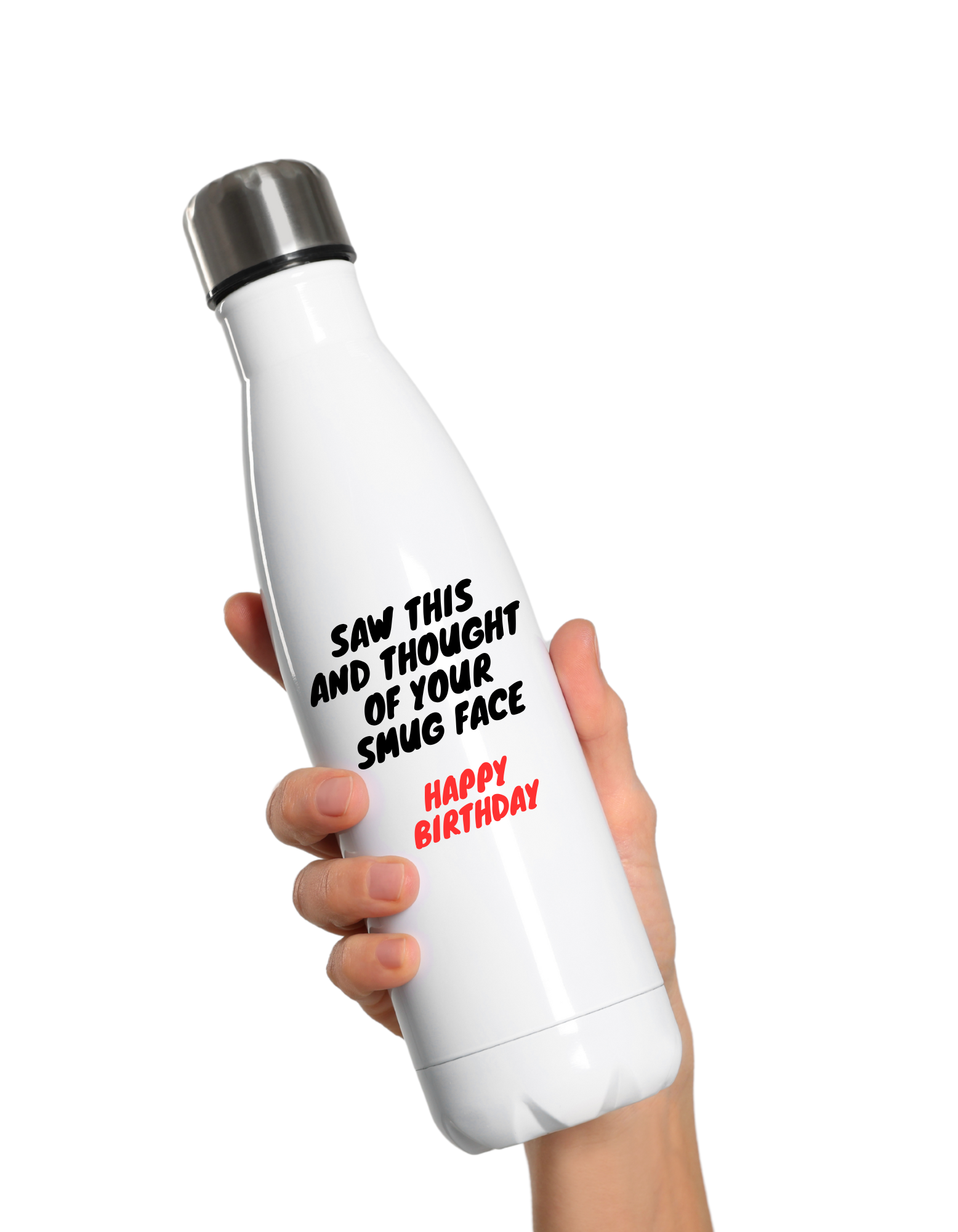 White Cows Corner water bottle with text held by a hand on a white background